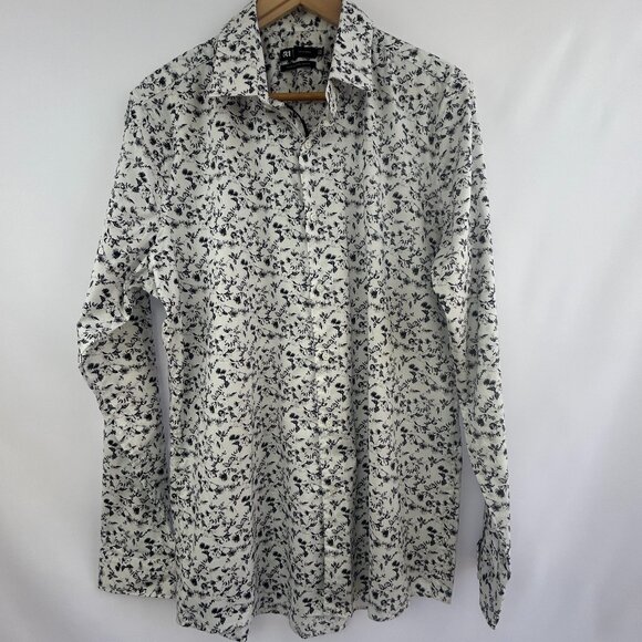 NWOT Le 31 Simons Men’s Slim Fit Floral print Shirt Black White Cotton large 17R - Picture 2 of 9